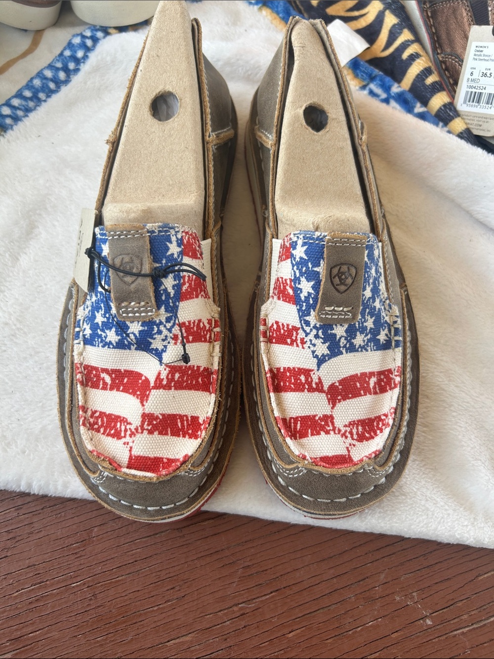 Ariat Tan Moccasins with Red, White & Blue Flag Canvas